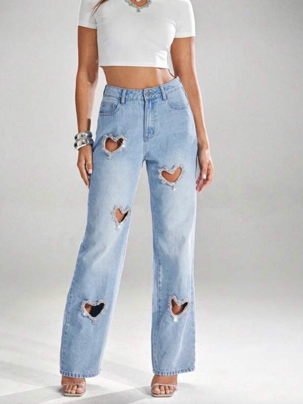 Heart cut out bling jeans Light Blue Heart-Rip Straight Jeans - Women